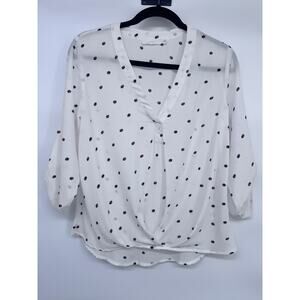 Lush Geometric Print Chiffon V-Neck Blouse White 3/4 Roll Tab Sleeve S